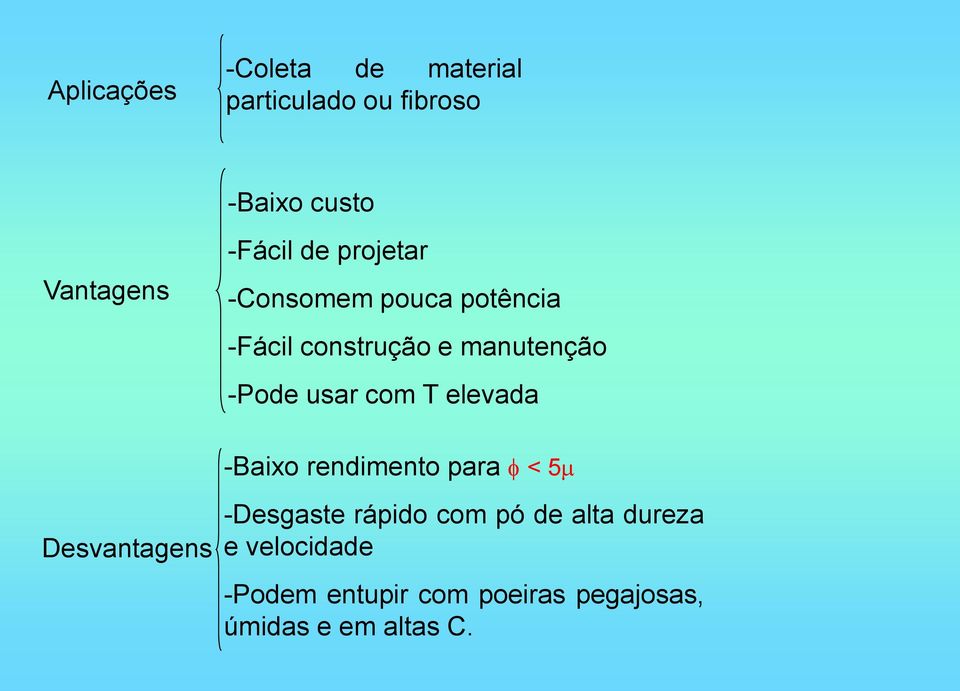 usar com T elevada -Baixo rendimento para < 5 Desvantagens -Desgaste rápido com