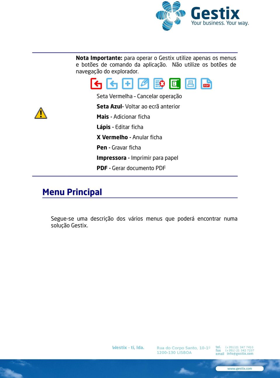 Seta Vermelha Cancelar operação Seta Azul- Voltar ao ecrã anterior Mais - Adicionar ficha Lápis - Editar ficha X