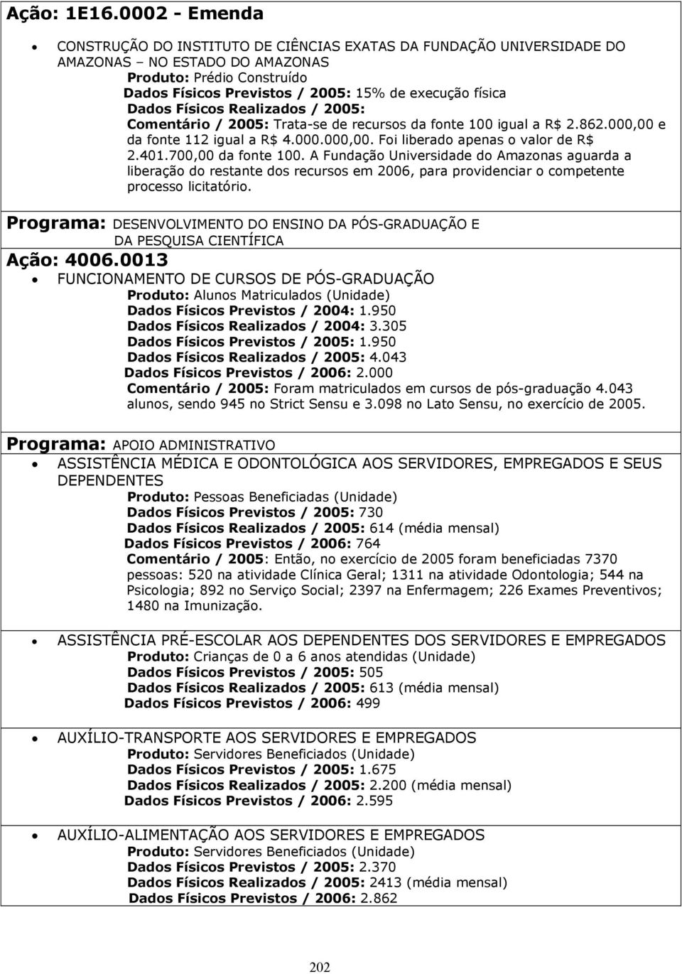 Comentário / 2005: Trata-se de recursos da fonte 100 igual a R$ 2.862.000,00 e da fonte 112 igual a R$ 4.000.000,00. Foi liberado apenas o valor de R$ 2.401.700,00 da fonte 100.