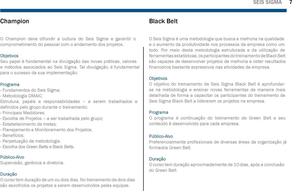 - Fundamentos do Seis Sigma; - Metodologia DMAIC; Estrutura, papéis e responsabilidades a serem trabalhados e definidos pelo grupo durante o treinamento; - Principais Medidores; - Escolha de Projetos