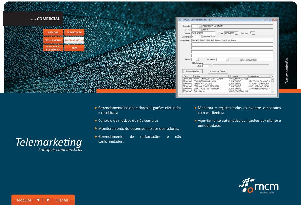 Controle de motivos de não compra; Agendamento automático de ligações por cliente e periodicidade.