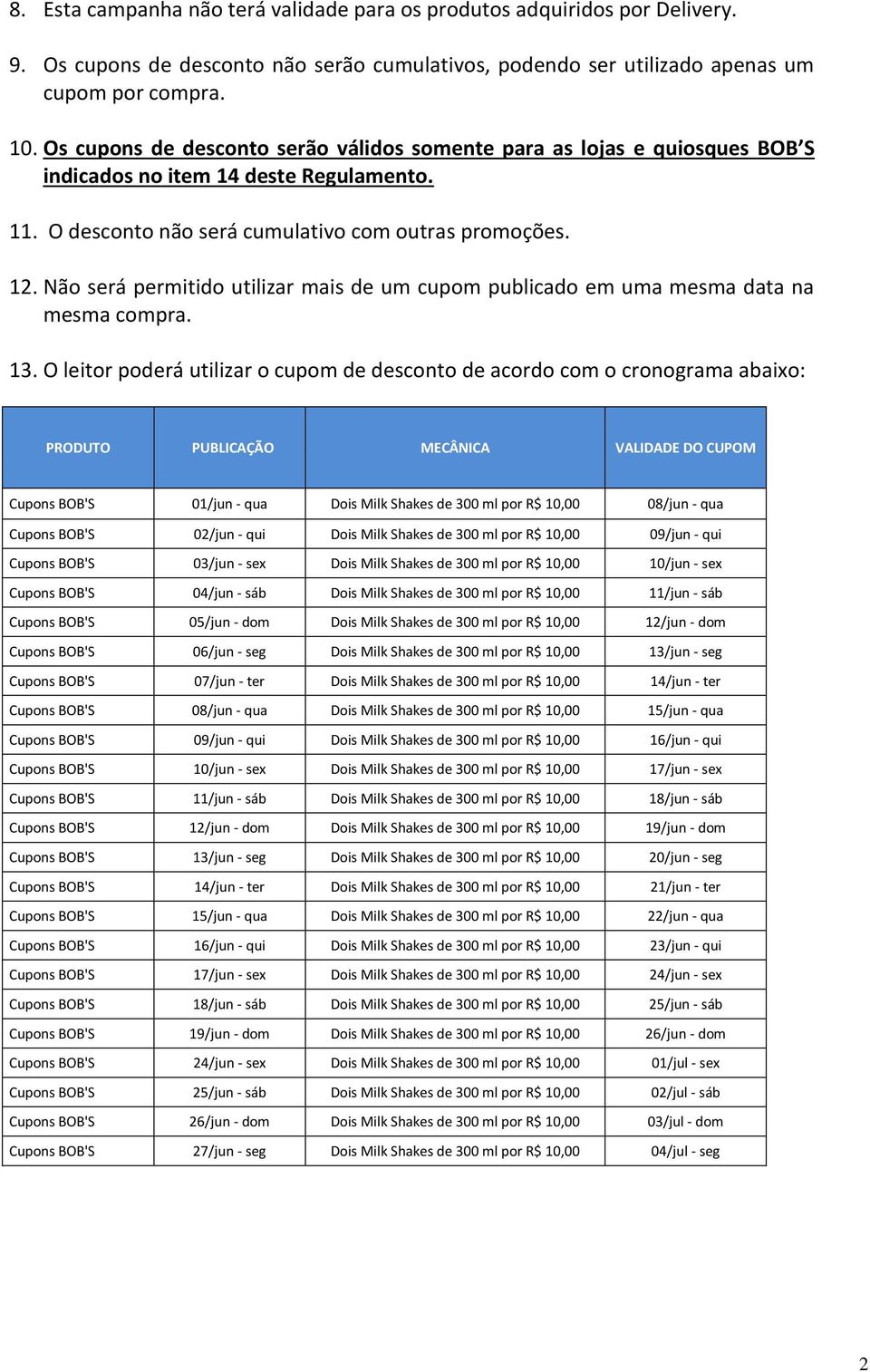 Não será permitido utilizar mais de um cupom publicado em uma mesma data na mesma compra. 13.