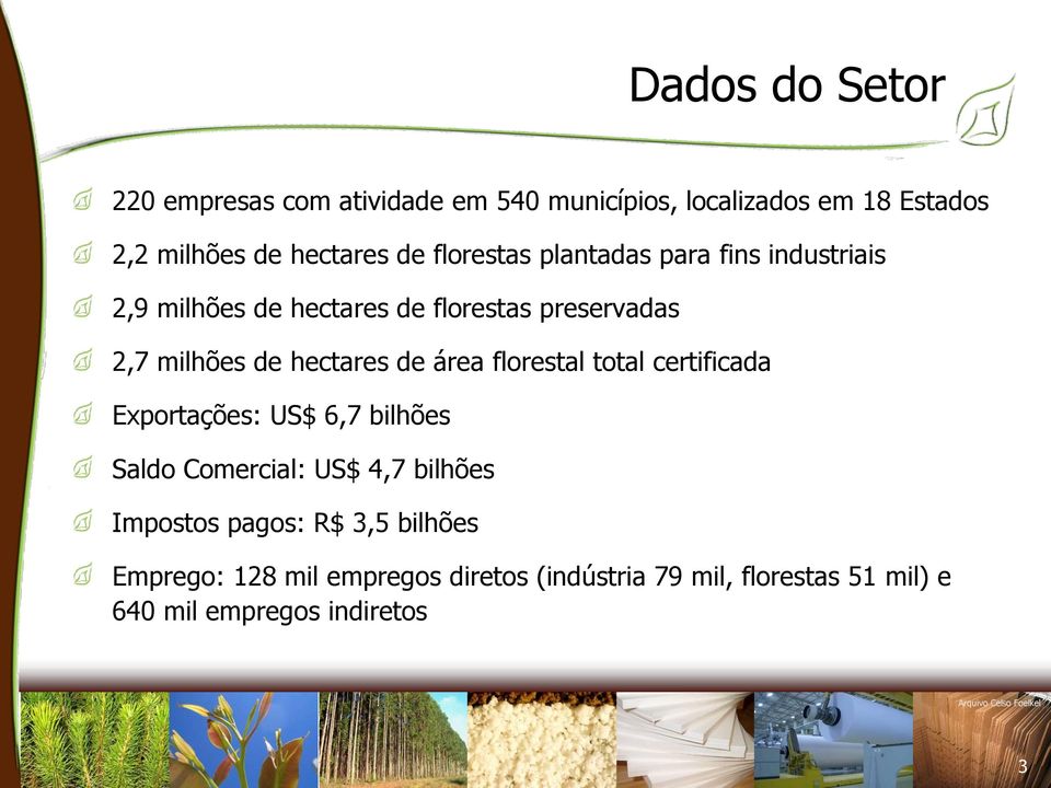 área florestal total certificada Exportações: US$ 6,7 bilhões Saldo Comercial: US$ 4,7 bilhões Impostos pagos: R$ 3,5