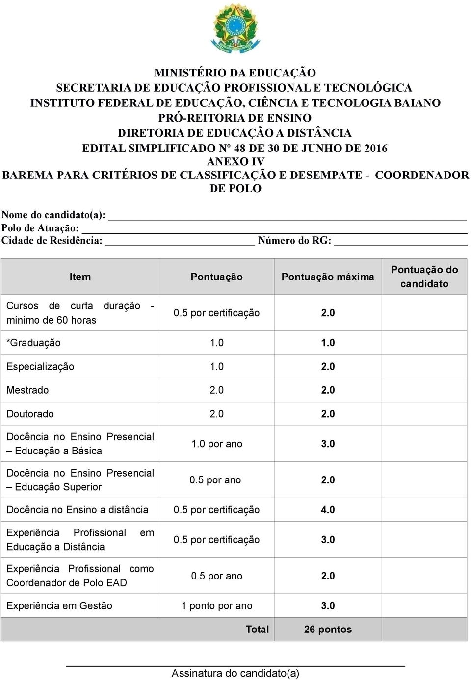 Item Pontuação Pontuação máxima Pontuação do candidato Cursos de curta duração - mínimo de 60 horas 0.5 por certificação 2.0 *Graduação 1.0 1.0 Especialização 1.0 2.