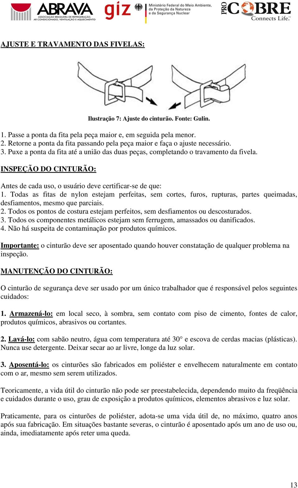 INSPEÇÃO DO CINTURÃO: Antes de cada uso, o usuário deve certificar-se de que: 1.