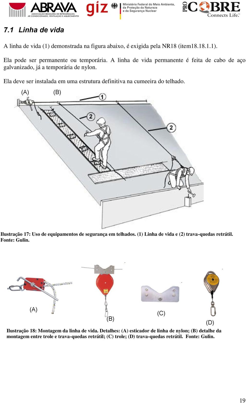(A) (B) Ilustração 17: Uso de equipamentos de segurança em telhados. (1) Linha de vida e (2) trava-quedas retrátil. Fonte: Gulin.