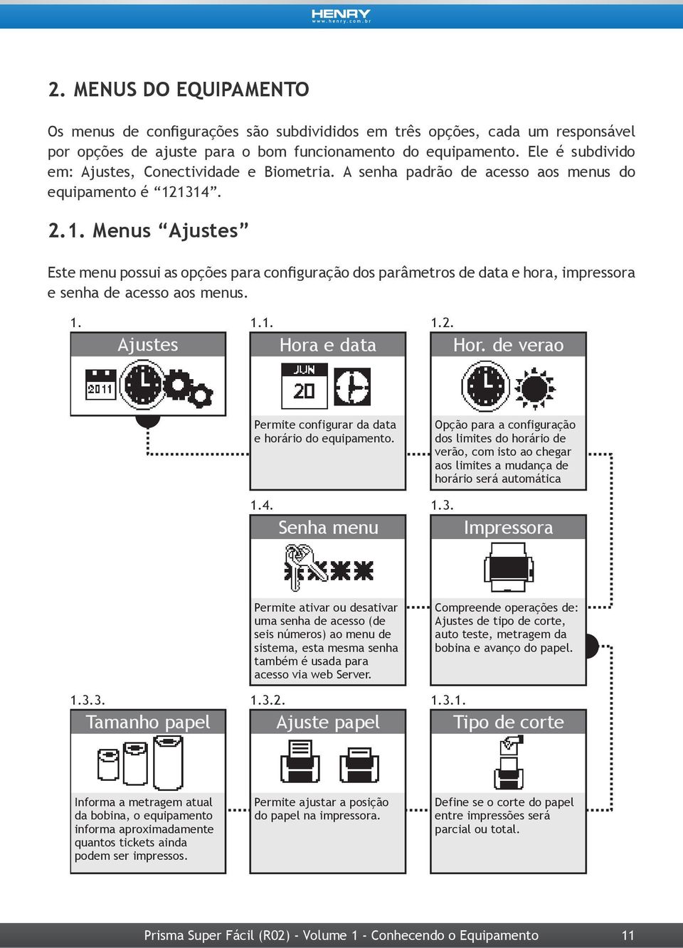 1314. 2.1. Menus Ajustes Este menu possui as opções para configuração dos parâmetros de data e hora, impressora e senha de acesso aos menus. 1. Ajustes 1.1. Hora