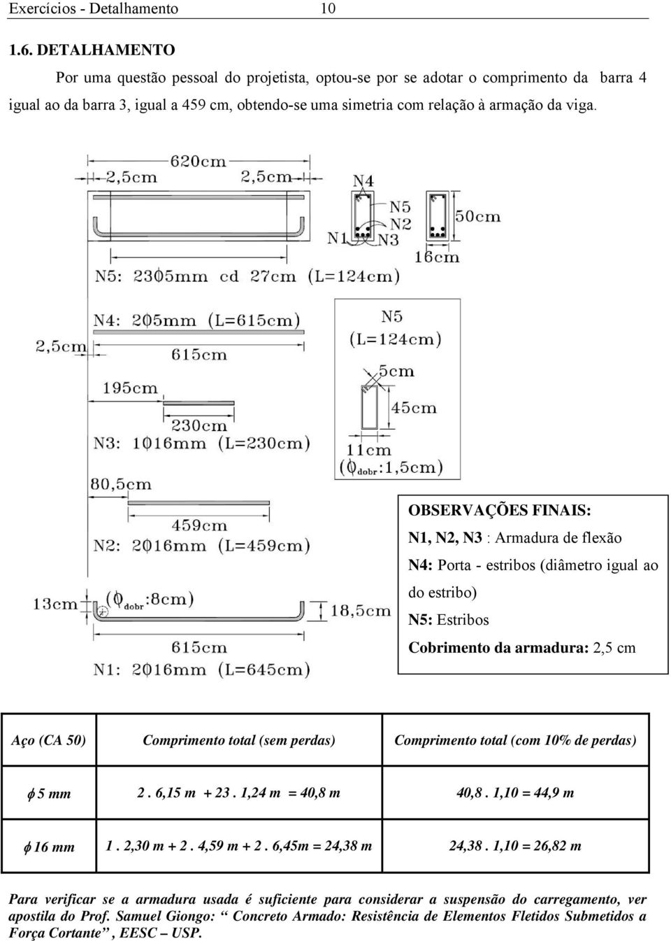 OBSERVAÇÕES FINAIS: N1, N2, N3 : Armadura de flexão N4: Porta - estribos (diâmetro igual ao do estribo) N5: Estribos Cobrimento da armadura: 2,5 cm Aço (CA 50) Comprimento total (sem perdas)