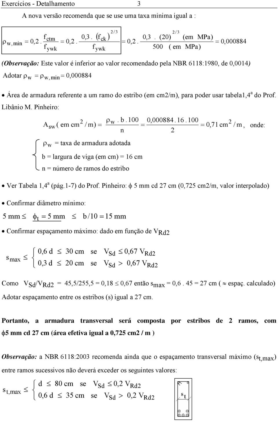 estribo (em cm2/m), para poder usar tabela1,4 a do Prof. Libânio M. Pinheiro: 2 ρw. b.100 0,000884.16.
