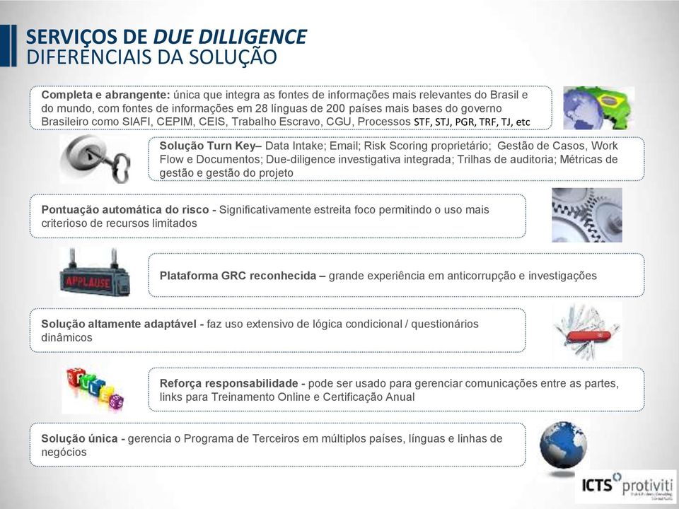 Gestão de Casos, Work Flow e Documentos; Due-diligence investigativa integrada; Trilhas de auditoria; Métricas de gestão e gestão do projeto Pontuação automática do risco - Significativamente