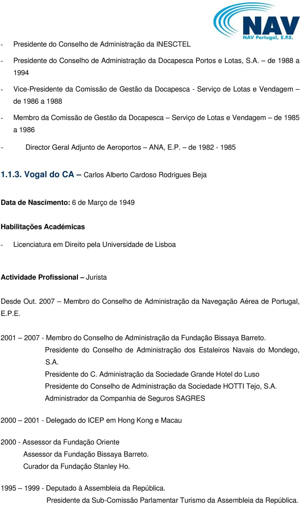 de 1988 a 1994 - Vice-Presidente da Comissão de Gestão da Docapesca - Serviço de Lotas e Vendagem de 1986 a 1988 - Membro da Comissão de Gestão da Docapesca Serviço de Lotas e Vendagem de 1985 a 1986