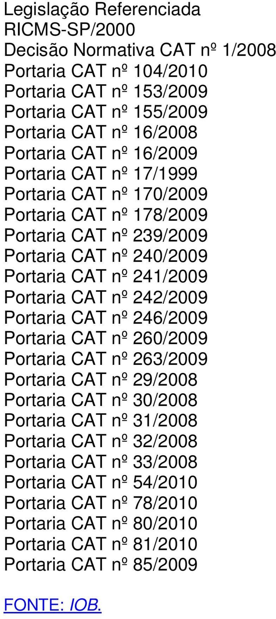 Portaria CAT nº 242/2009 Portaria CAT nº 246/2009 Portaria CAT nº 260/2009 Portaria CAT nº 263/2009 Portaria CAT nº 29/2008 Portaria CAT nº 30/2008 Portaria CAT nº 31/2008