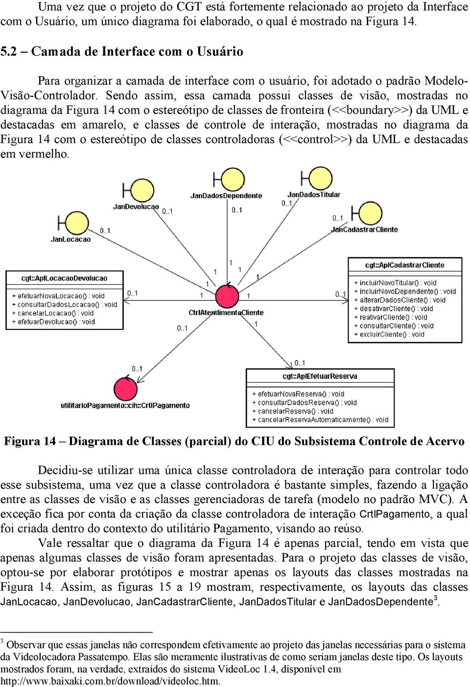 Sendo assim, essa camada possui classes de visão, mostradas no diagrama da Figura 14 com o estereótipo de classes de fronteira (<<boundary>>) da UML e destacadas em amarelo, e classes de controle de