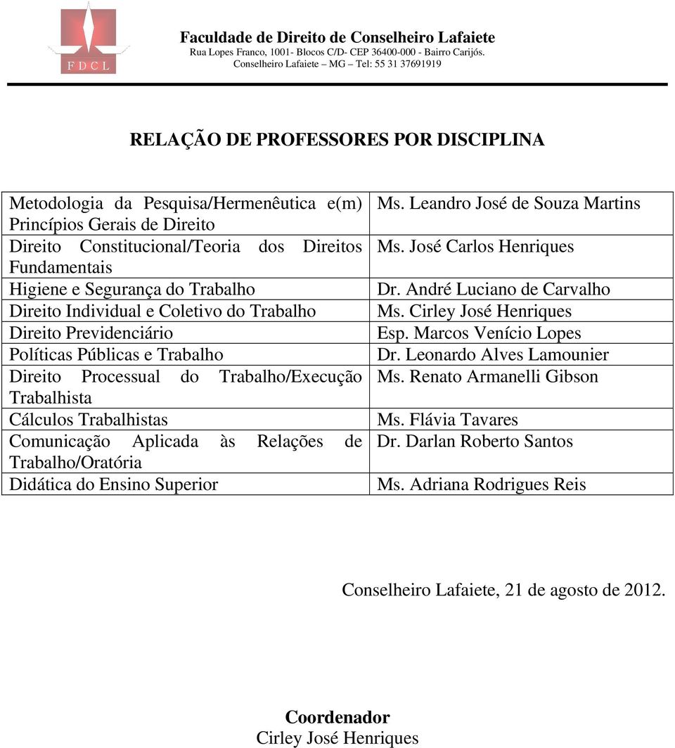 Relações de Trabalho/Oratória Didática do Ensino Superior Ms. Leandro José de Souza Martins Ms. José Carlos Henriques Dr. André Luciano de Carvalho Ms. Cirley José Henriques Esp.