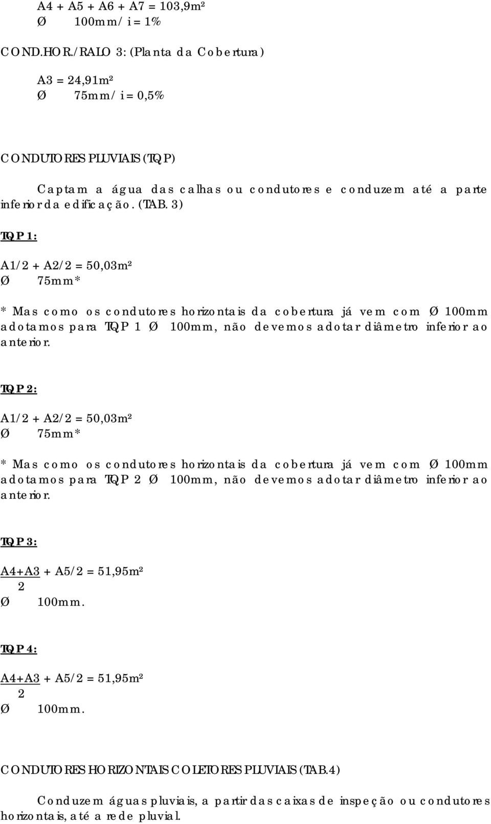 3) TQP 1: A1/2 + A2/2 = 50,03m² 75mm* * Mas como os condutores horizontais da cobertura já vem com 100mm adotamos para TQP 1 100mm, não devemos adotar diâmetro inferior ao anterior.