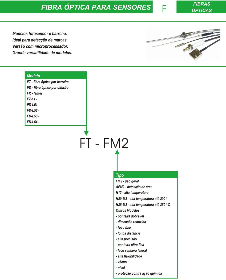 Modelo FT - fibra óptica por barreira FD - fibra óptica por difusão FX - lentes FZ-11 - FD-L1 - FD-L2 - FD-L - FD-L4 - FT - FM2 Tipo FM2 - uso geral AFM2 -