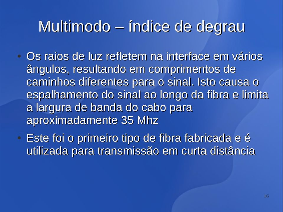 Isto causa o espalhamento do sinal ao longo da fibra e limita a largura de banda do cabo