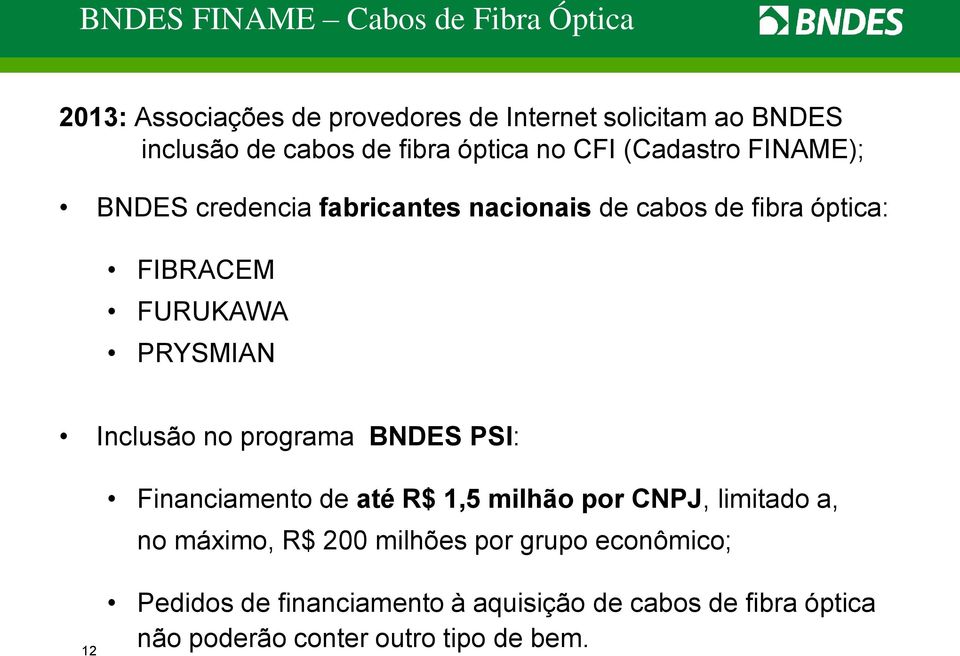 PRYSMIAN Inclusão no programa BNDES PSI: Financiamento de até R$ 1,5 milhão por CNPJ, limitado a, no máximo, R$ 200