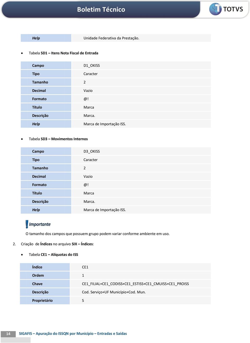 O tamanho dos campos que possuem grupo podem variar conforme ambiente em uso. 2.