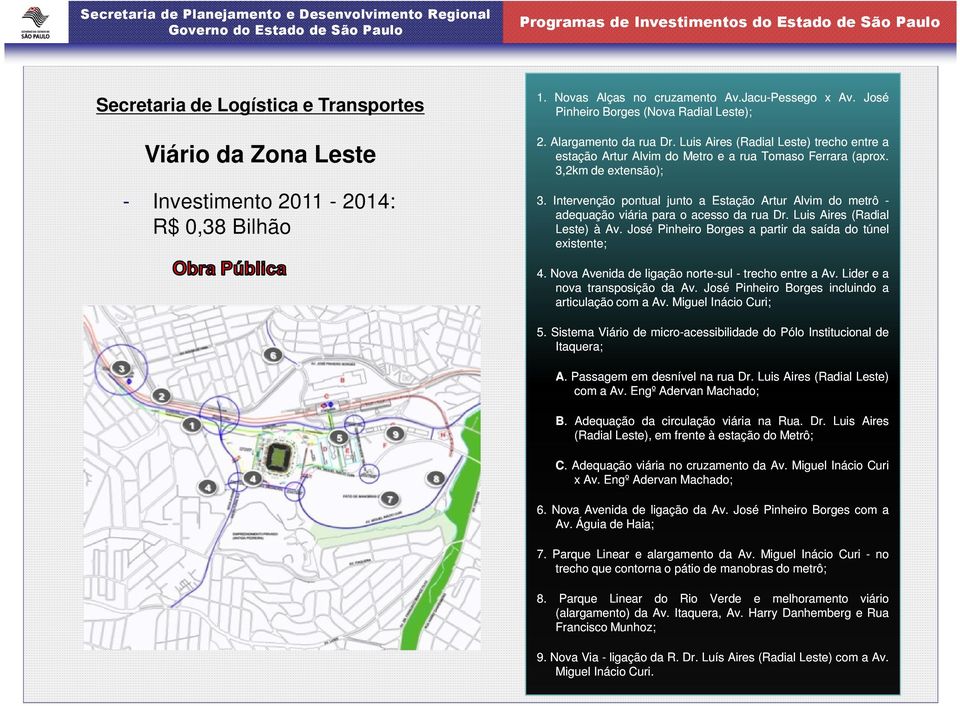 Intervenção pontual junto a Estação Artur Alvim do metrô - adequação viária para o acesso da rua Dr. Luis Aires (Radial Leste) à Av. José Pinheiro Borges a partir da saída do túnel existente; 4.