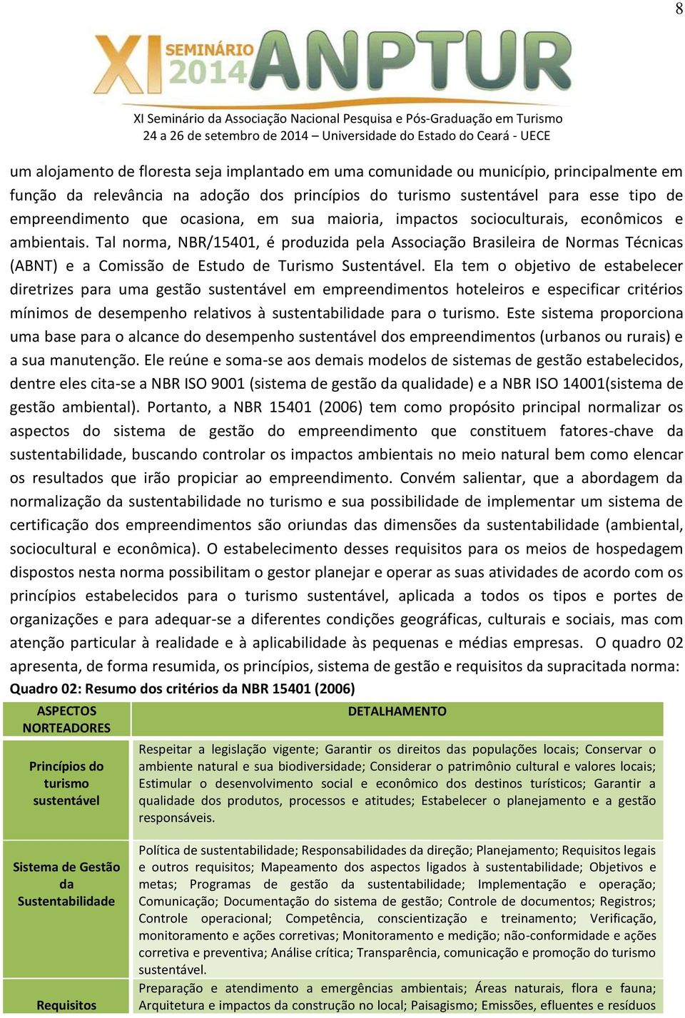 Tal norma, NBR/15401, é produzida pela Associação Brasileira de Normas Técnicas (ABNT) e a Comissão de Estudo de Turismo Sustentável.