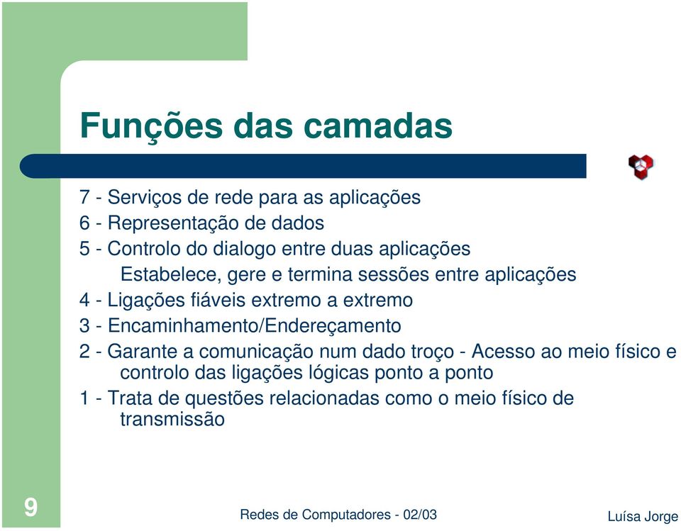 extremo a extremo 3 - Encaminhamento/Endereçamento 2 - Garante a comunicação num dado troço - Acesso ao meio