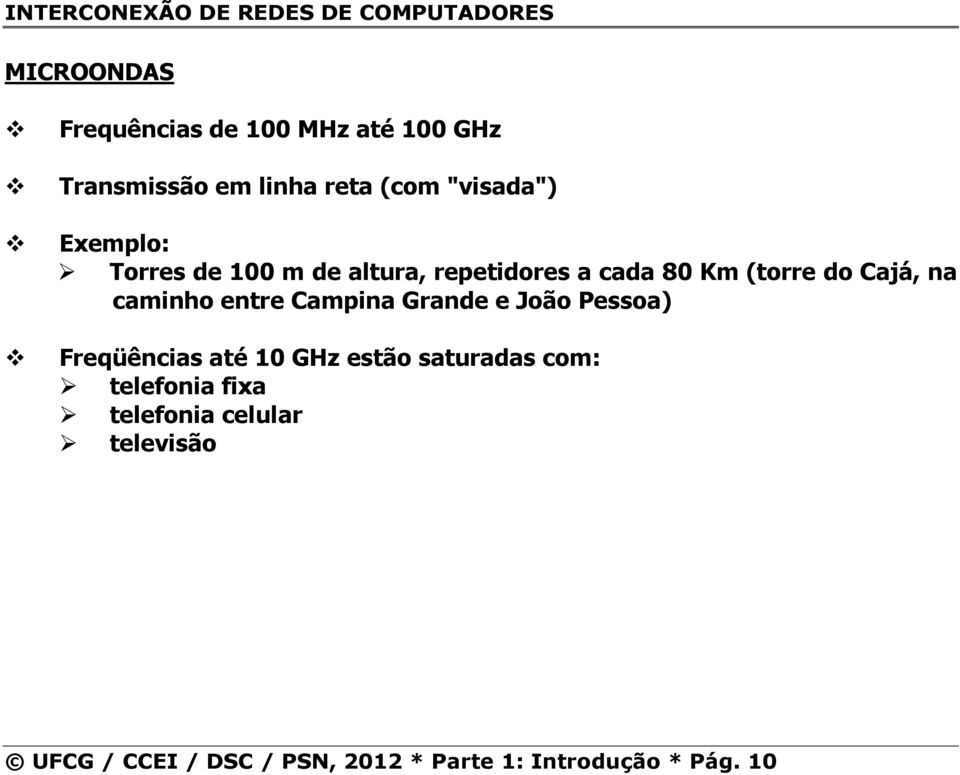 Cajá, na caminho entre Campina Grande e João Pessoa) Freqüências até 10 GHz estão saturadas com: