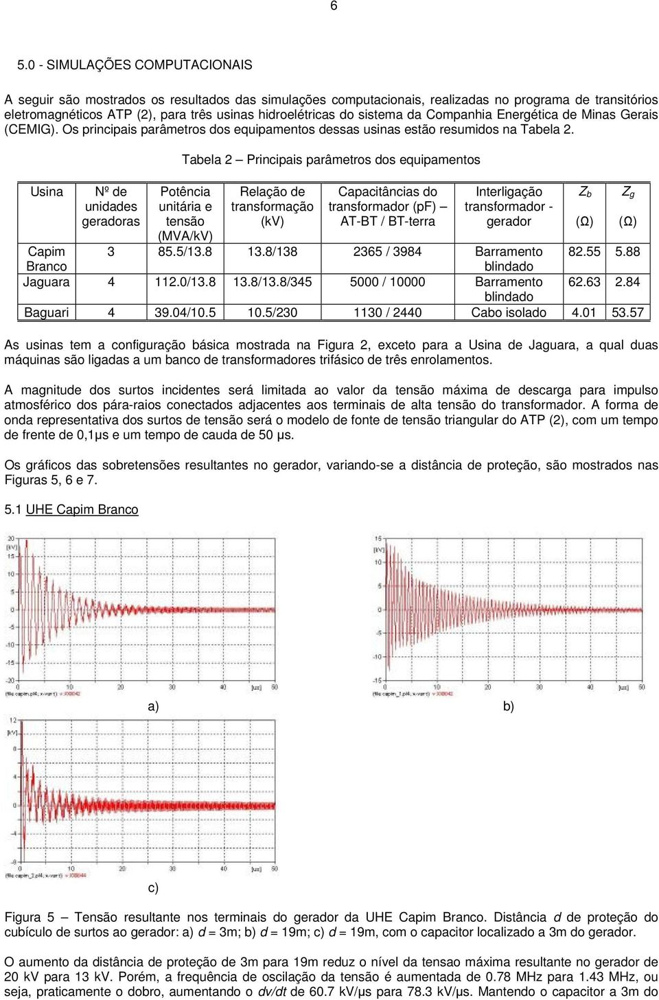 Usina Nº de unidades geradoras Tabela 2 Principais parâmetros dos equipamentos Potência unitária e tensão (MVA/kV) Relação de transformação (kv) Capacitâncias do transformador (pf) AT-BT / BT-terra