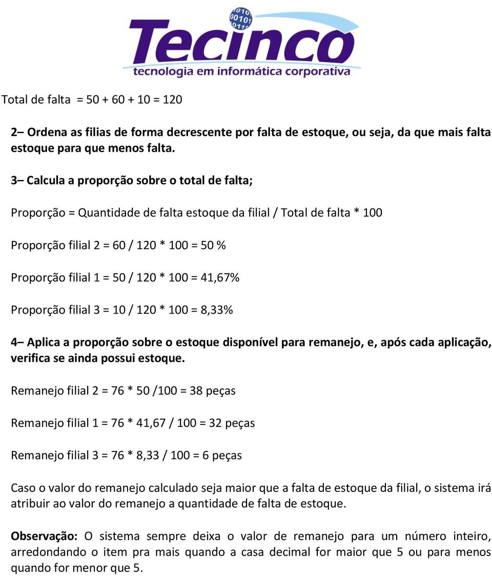 41,67% Proporção filial 3 = 10 / 120 * 100 = 8,33% 4 Aplica a proporção sobre o estoque disponível para remanejo, e, após cada aplicação, verifica se ainda possui estoque.