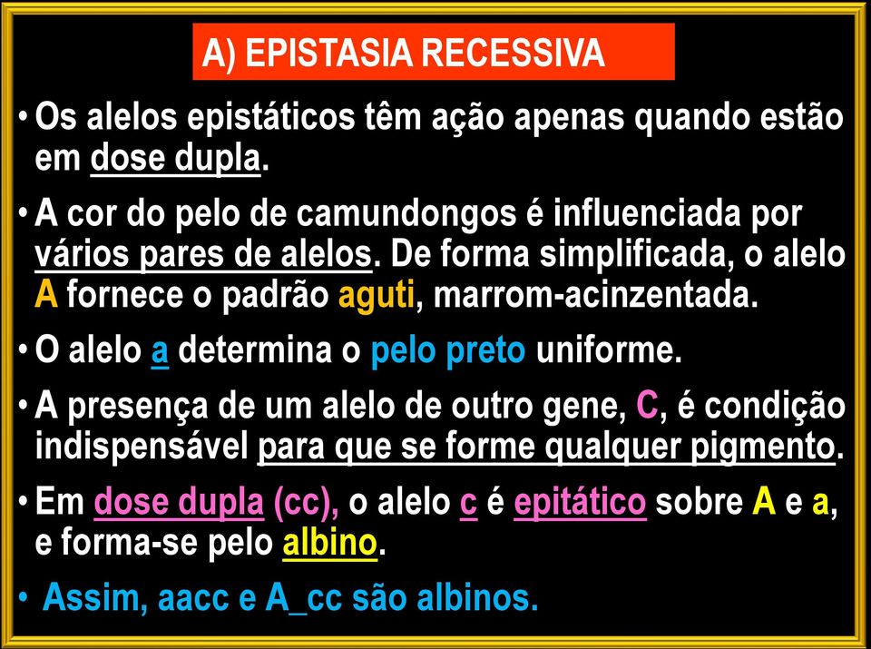 De forma simplificada, o alelo A fornece o padrão aguti, marrom-acinzentada. O alelo a determina o pelo preto uniforme.