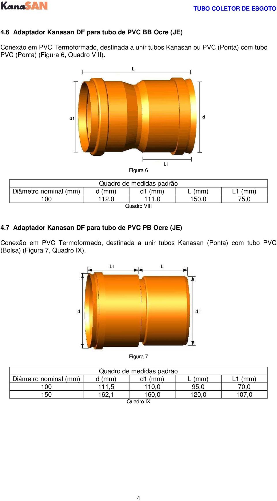 7 Adaptador Kanasan DF para tubo de PVC PB Ocre (JE) Conexão em PVC Termoformado, destinada a unir tubos Kanasan (Ponta) com tubo PVC (Bolsa)
