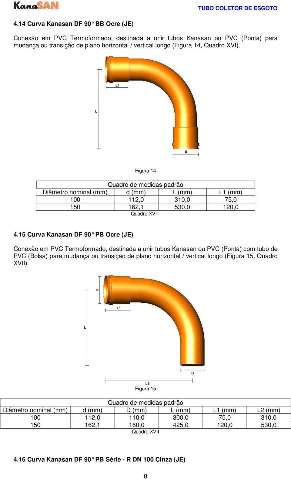 15 Curva Kanasan DF 90 PB Ocre (JE) Conexão em PVC Termoformado, destinada a unir tubos Kanasan ou PVC (Ponta) com tubo de PVC (Bolsa) para mudança ou transição de plano horizontal /