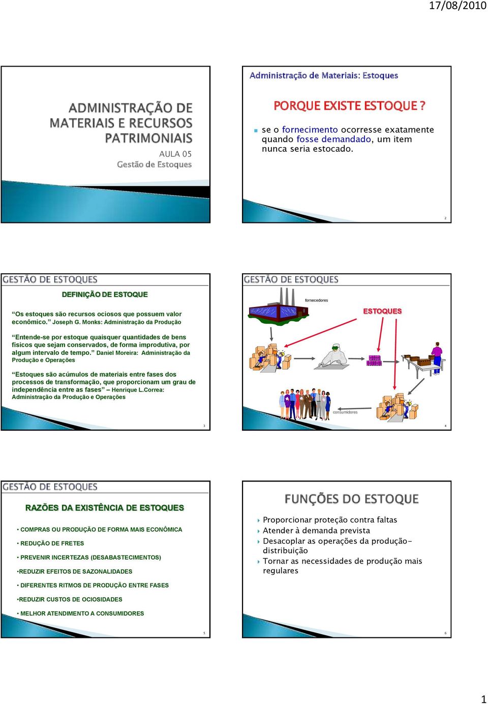 Monks: Administração da Produção Entende-se por estoque quaisquer quantidades de bens físicos que sejam conservados, de forma improdutiva, por algum intervalo de tempo.