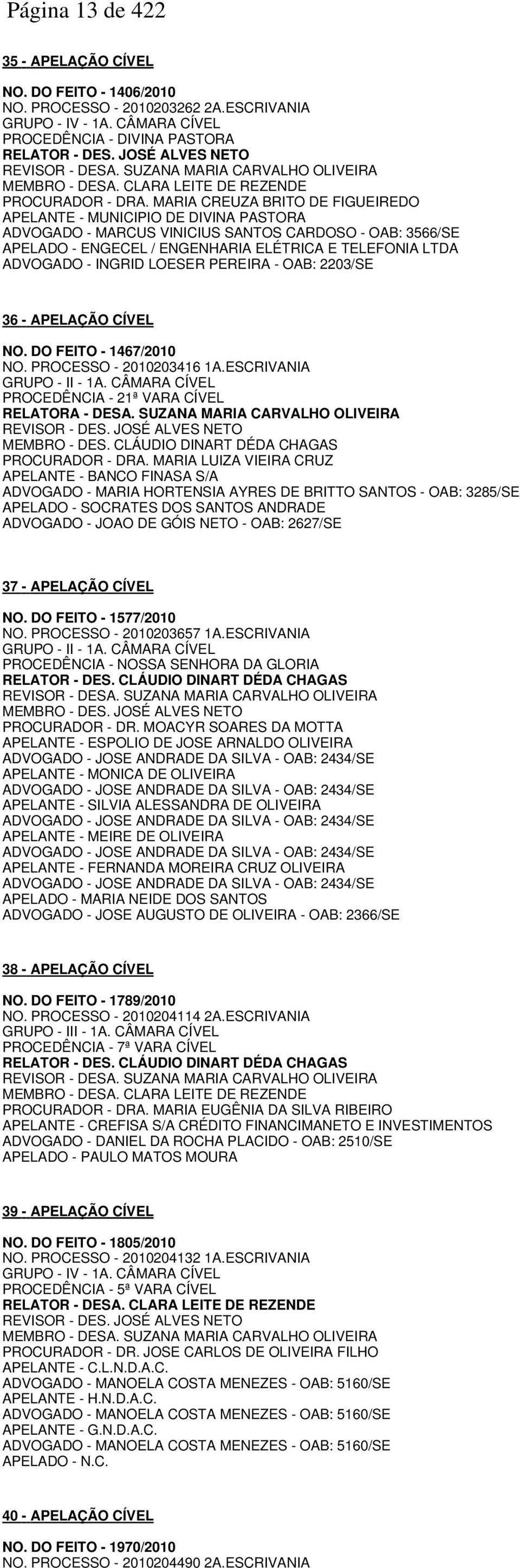 MARIA CREUZA BRITO DE FIGUEIREDO APELANTE - MUNICIPIO DE DIVINA PASTORA ADVOGADO - MARCUS VINICIUS SANTOS CARDOSO - OAB: 3566/SE APELADO - ENGECEL / ENGENHARIA ELÉTRICA E TELEFONIA LTDA ADVOGADO -