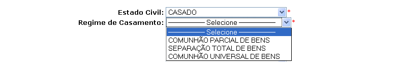 2.4. Estado Civil e Regime de Casamento o Estado Civil: Caso o Estado Civil selecionado seja CASADO, o Sistema disponibilizará os campos para escolha do Regime de Casamento,