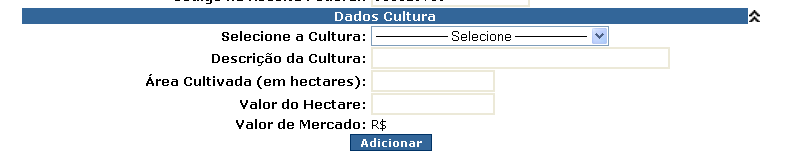 Dados de Culturas Para cadastrar as culturas existentes no imóvel rural, clicar no botão, conforme indicado abaixo: Passam a ser