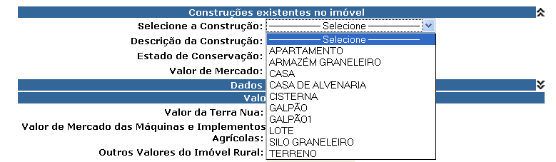 Dados de Construções Existentes no Imóvel Para cadastrar as construções existentes no imóvel rural, clicar no botão, conforme indicado abaixo: Passam a ser disponibilizadas as opções para