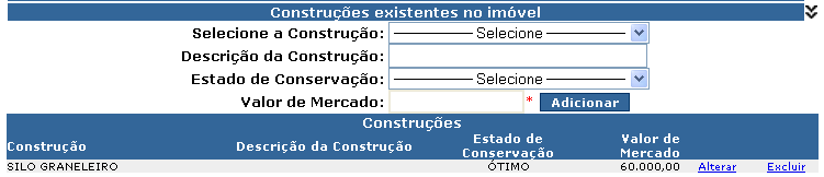 Em seguida, selecionar o Estado de Conservação de acordo com as opções disponibilizadas: Informar o Valor de Mercado da Construção cadastrada com números de duas casas decimais: Se todas as