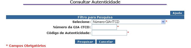 Em seguida, selecionar o filtro para pesquisa dentre as opções disponibilizadas: As opções disponíveis são GIA ITCD, Declaração de Isenção para Valores e Declaração