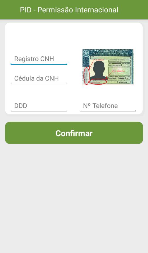 Permissão Internacional Informando o número do registro da CNH, da cédula da CNH e