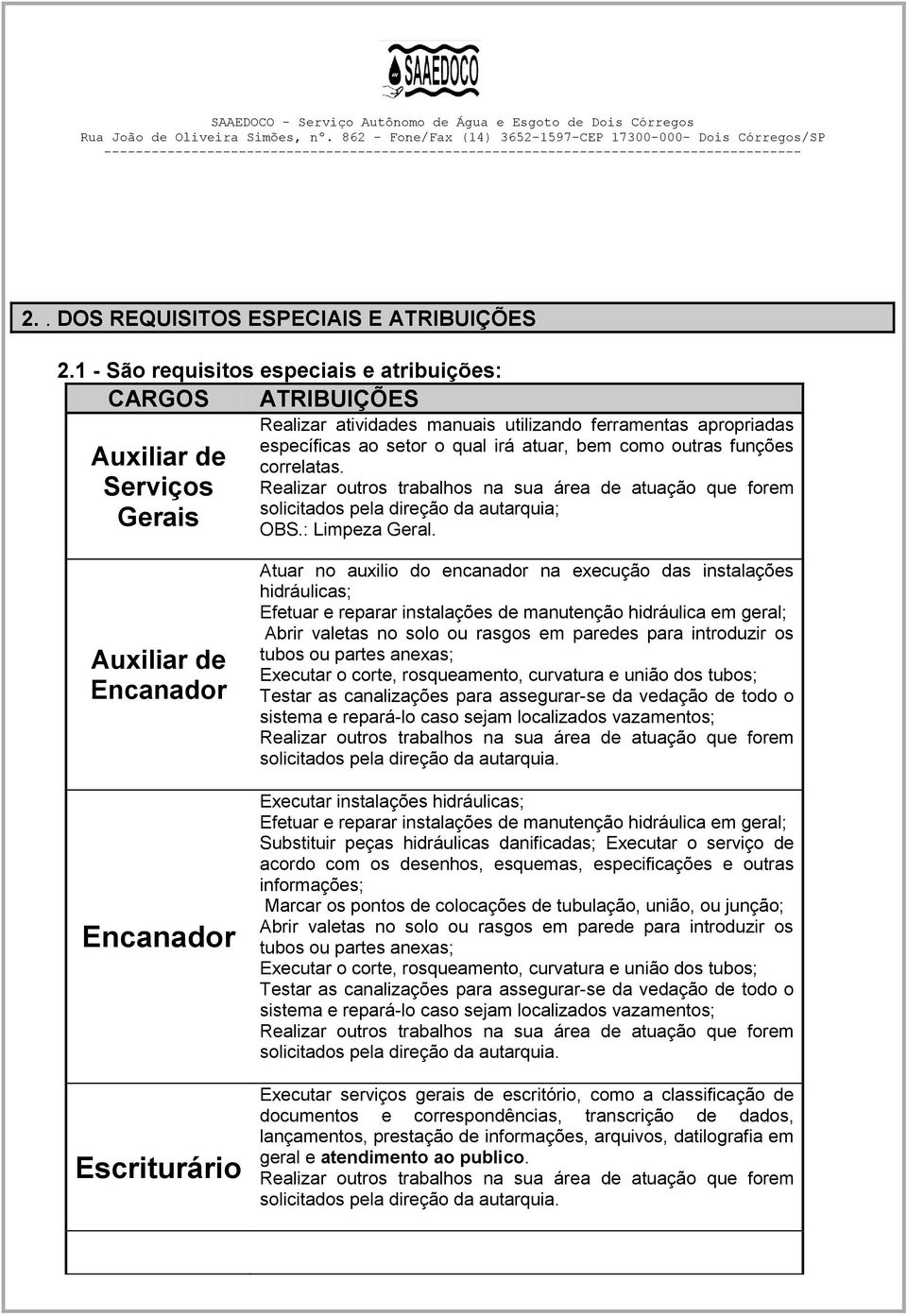 como outras funções correlatas. Realizar outros trabalhos na sua área de atuação que forem solicitados pela direção da autarquia; OBS.: Limpeza Geral.