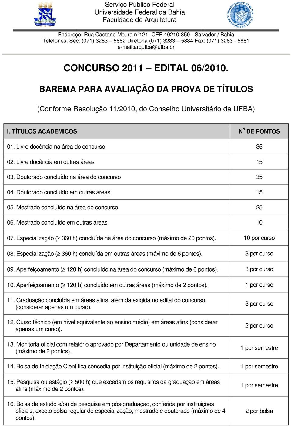 Mestrado concluído na área do concurso 25 06. Mestrado concluído em outras áreas 10 07. Especialização ( 360 h) concluída na área do concurso (máximo de 20 10 por curso 08.