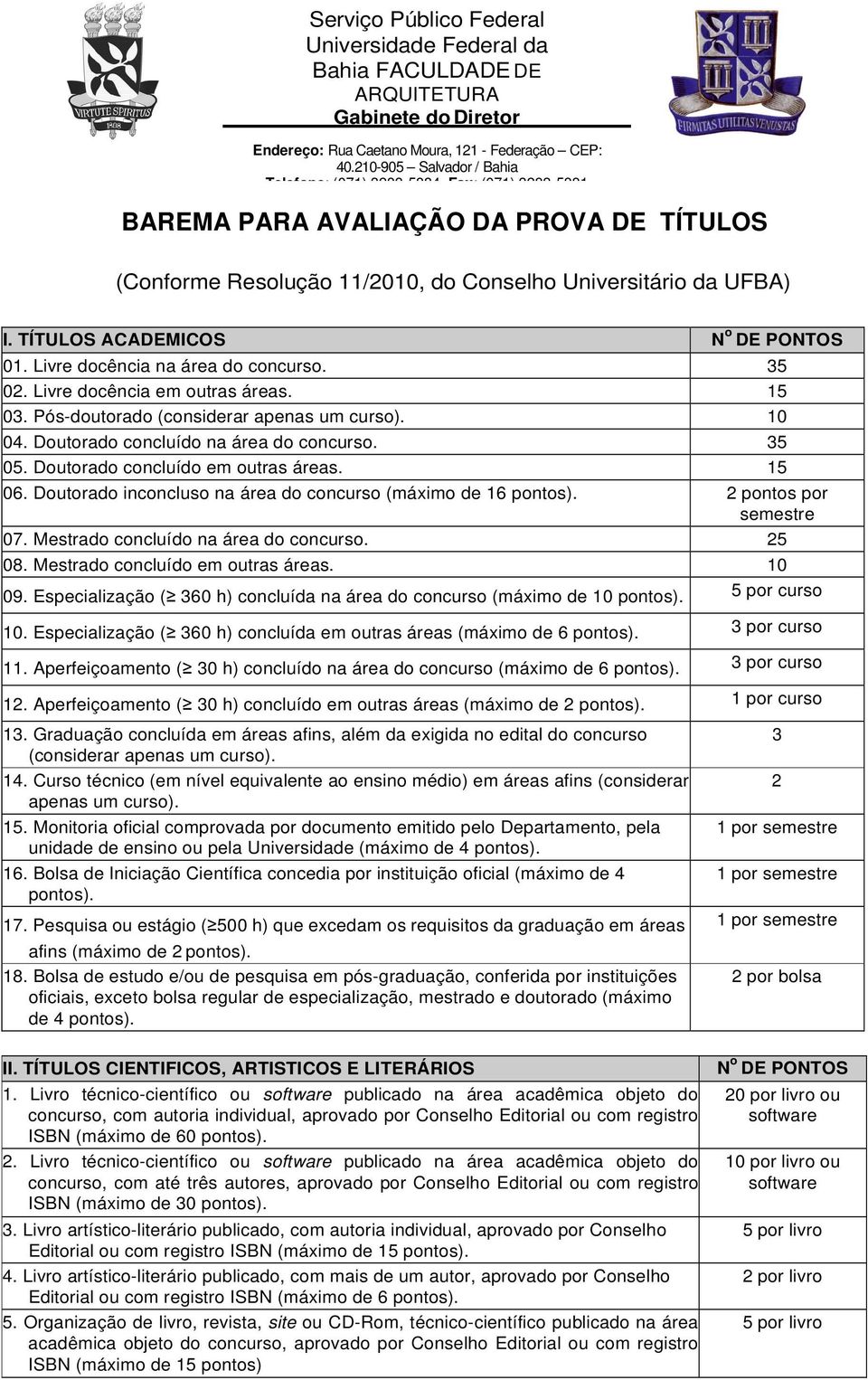 Doutorado inconcluso na área do concurso (máximo de 16 pontos). 2 pontos por semestre 07. Mestrado concluído na área do concurso. 25 08. Mestrado concluído em outras áreas. 10 09.