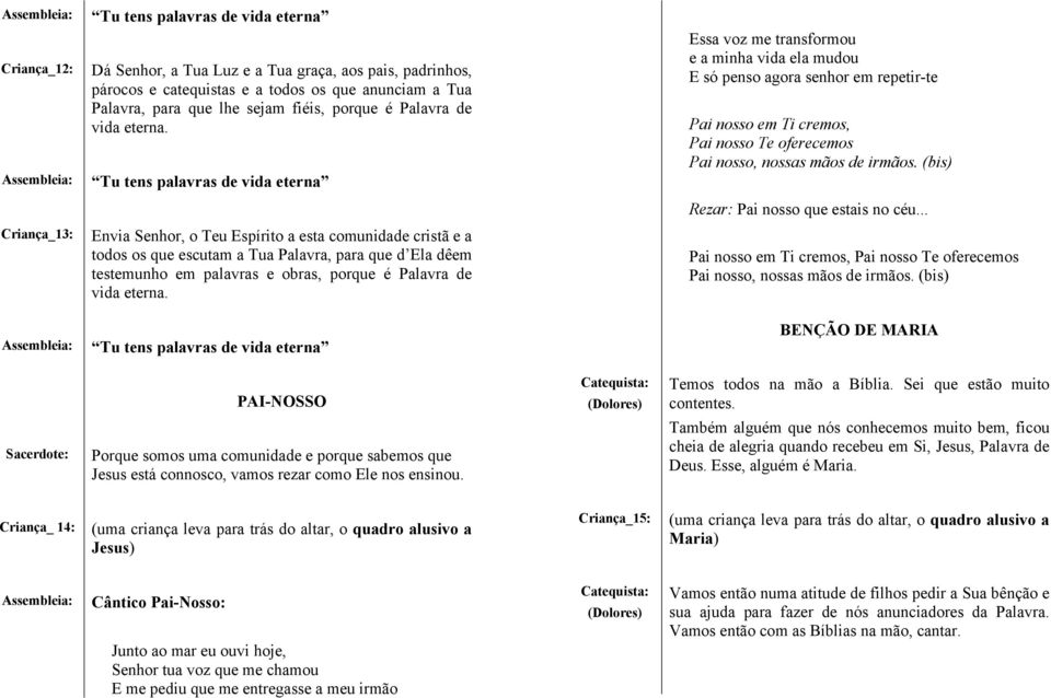 Tu tens palavras de vida eterna Essa voz me transformou e a minha vida ela mudou E só penso agora senhor em repetir-te Pai nosso em Ti cremos, Pai nosso Te oferecemos Pai nosso, nossas mãos de irmãos.