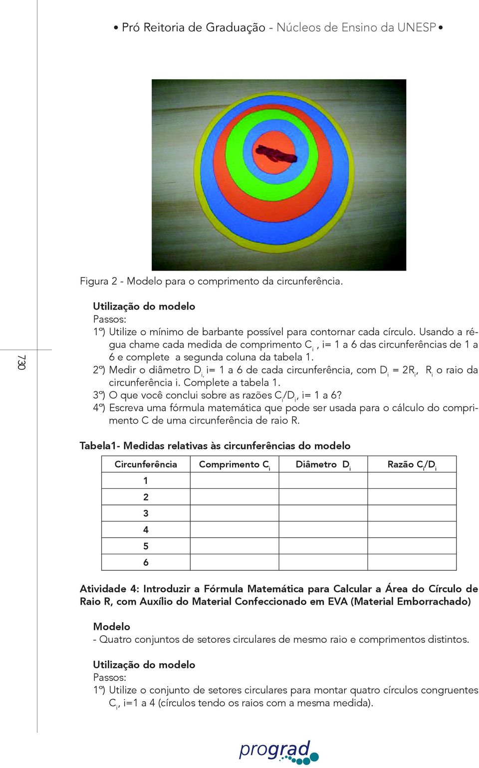 Tabela1- Medidas relativas às circunferências do modelo Circunferência Comprimento C i Diâmetro D i Razão C i /D i 1 2 3 4 5 6 Atividade 4: