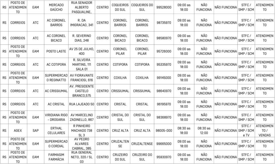 SEVERINO DIAS, 248 AV 25 DE JULHO, 400 R. SILVEIRA MARTINS, 111 SALA 01 AV FIORAVANTE FRANCIOSI, 616 AV.