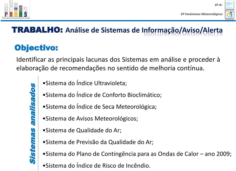 Sistemas analisados Sistema do Índice Ultravioleta; Sistema do Índice de Conforto Bioclimático; Sistema do Índice de Seca