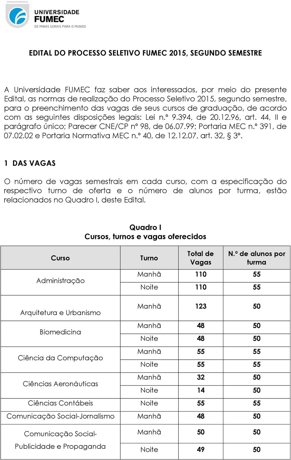 44, II e parágrafo único; Parecer CNE/CP nº 98, de 06.07.99; Portaria MEC n.º 391, de 07.02.02 e Portaria Normativa MEC n.º 40, de 12.12.07, art. 32, 3º.