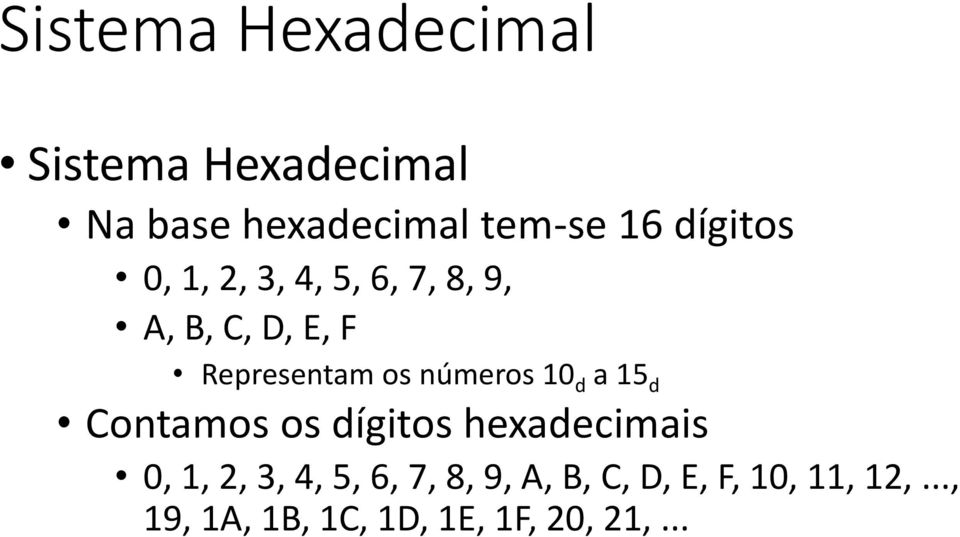 números 10 d a 15 d Contamos os dígitos hexadecimais 0, 1, 2, 3, 4, 5, 6,