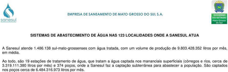 Ao todo, são 19 estações de tratamento de água, que tratam a água captada nos mananciais superficiais (córregos e rios, cerca